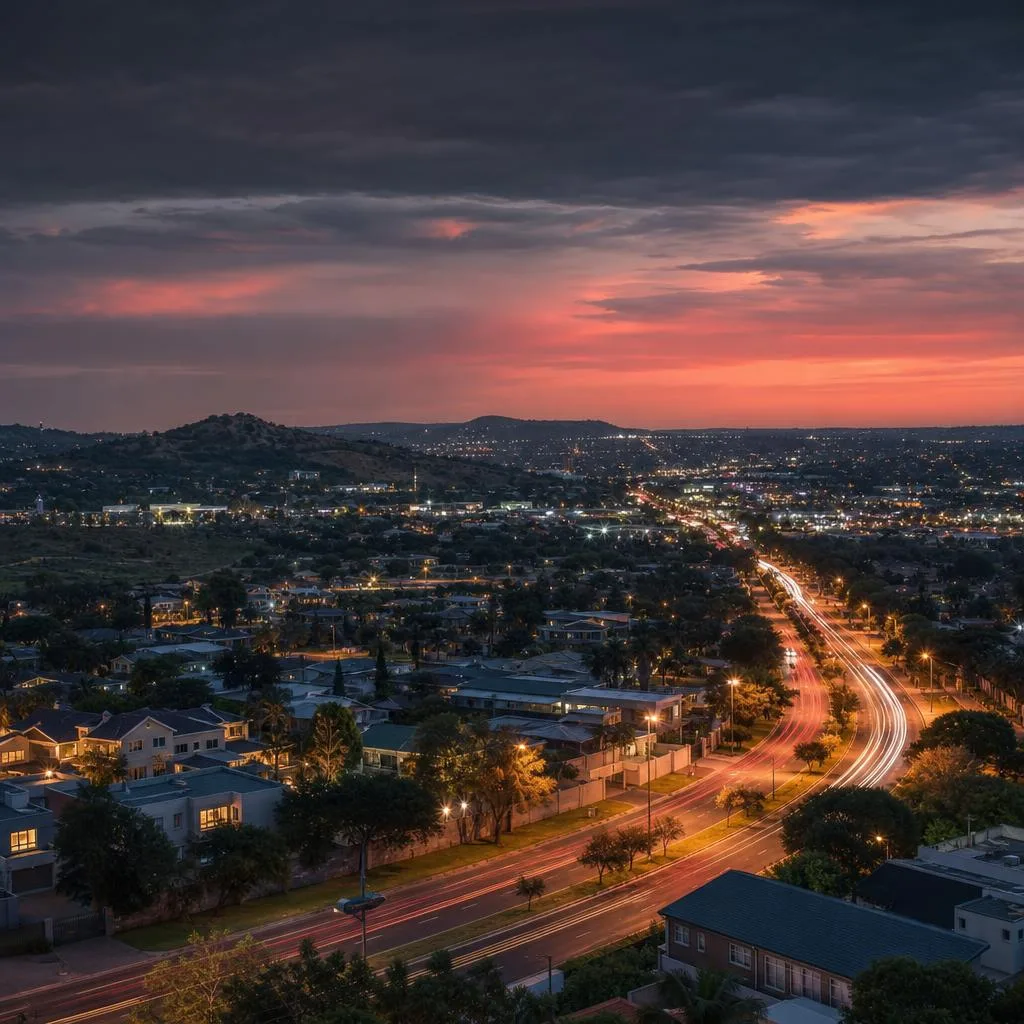 Gauteng neighbourhood and illuminated roads stretching into the evening skyline