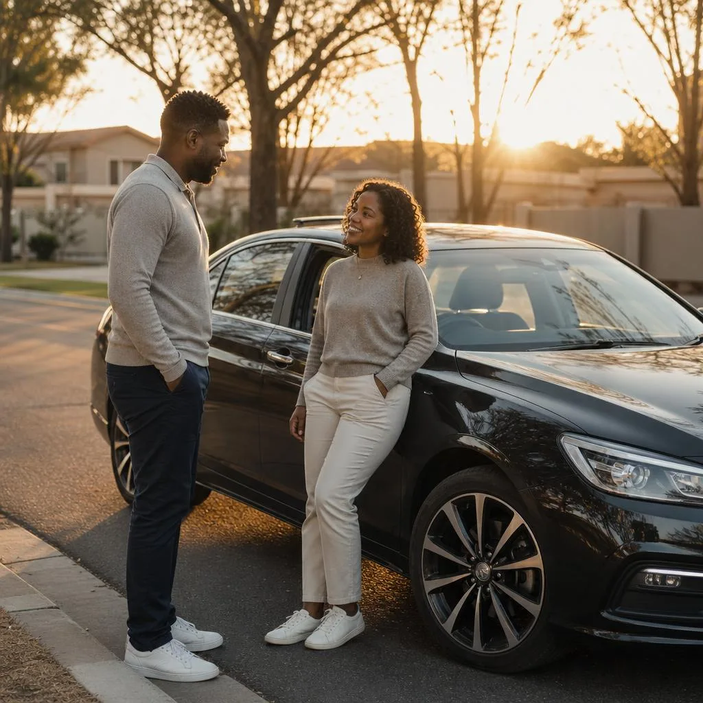 Two people talking beside a parked car on a sunlit neighbourhood street